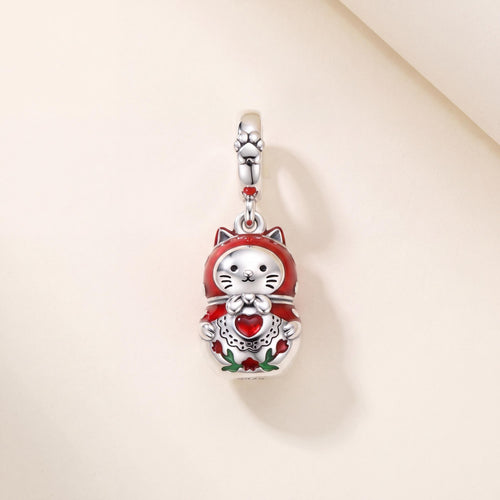 Cat Nesting Doll Charm in 925 sterling silver with red and white enamel, fits European-style charm bracelets