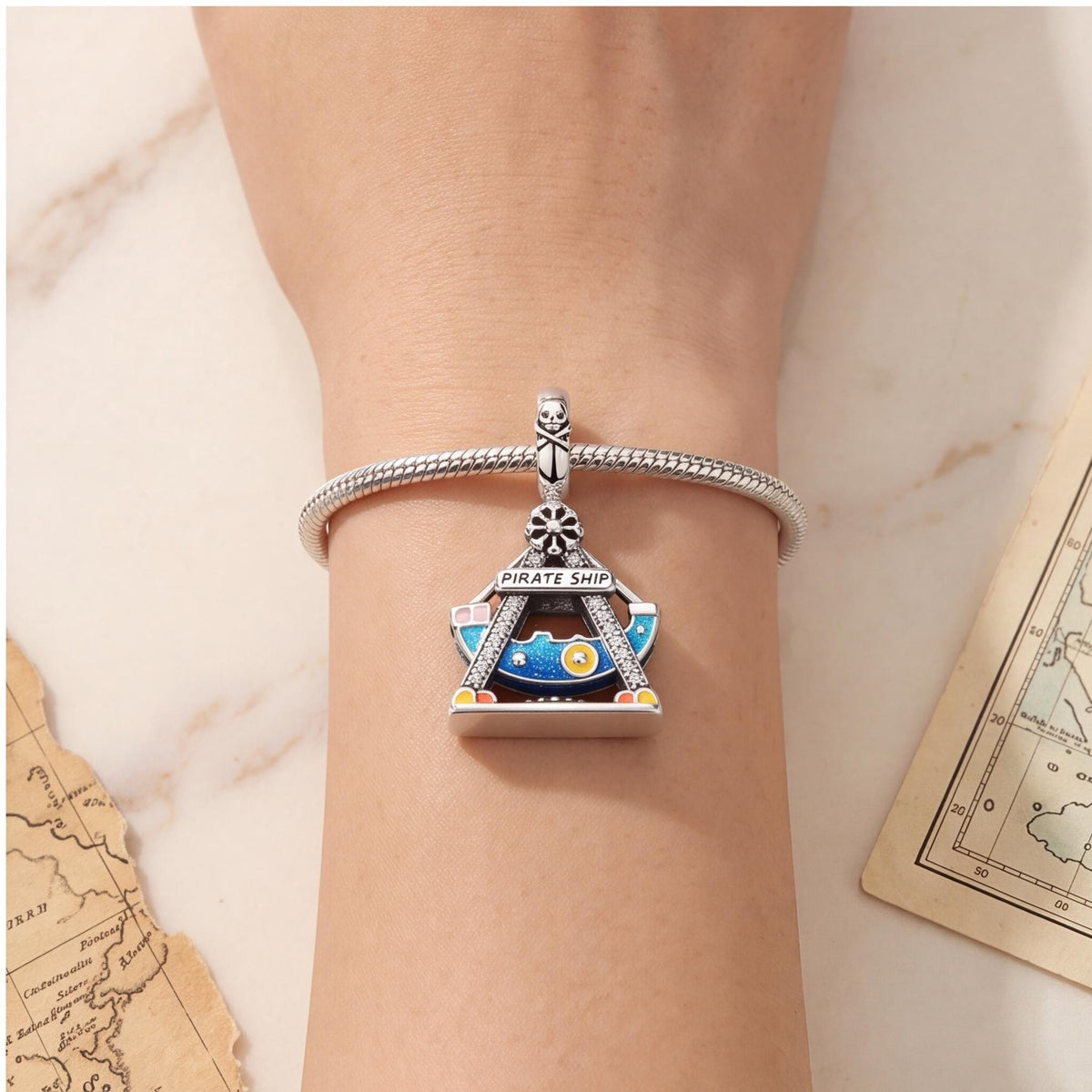 Pirate Ship Charm worn on a charm bracelet