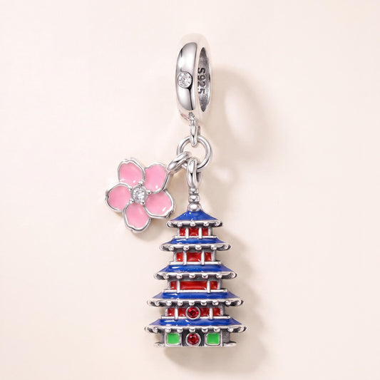Japanese Pagoda Dangle in 925 sterling silver with enamel and sparkling stones, fits European-style charm bracelets