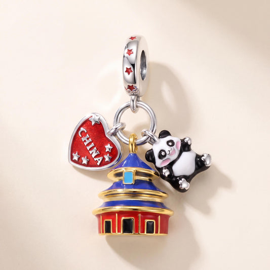 Temple Panda Dangle in 925 sterling silver with enamel, fits European-style charm bracelets
