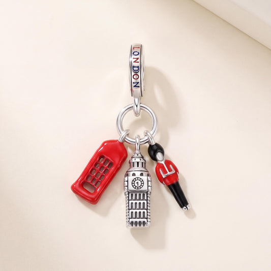 London Dangle Charm in 925 sterling silver with red and black enamel, fits European-style charm bracelets