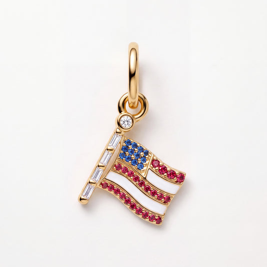 American Flag Charm in 925 sterling silver with gold and red enamel and sparkling stones, fits European-style charm bracelets