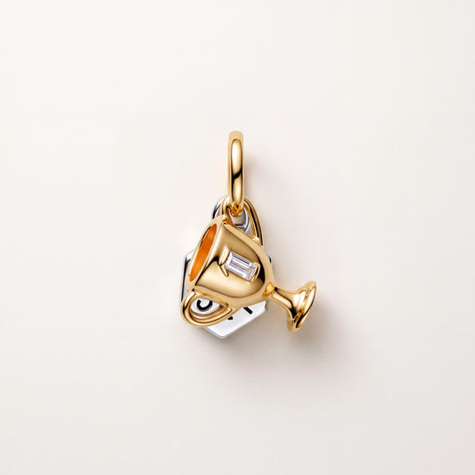 Trophy Cup Charm in 925 sterling silver with gold and orange enamel and sparkling stones, fits European-style charm bracelets
