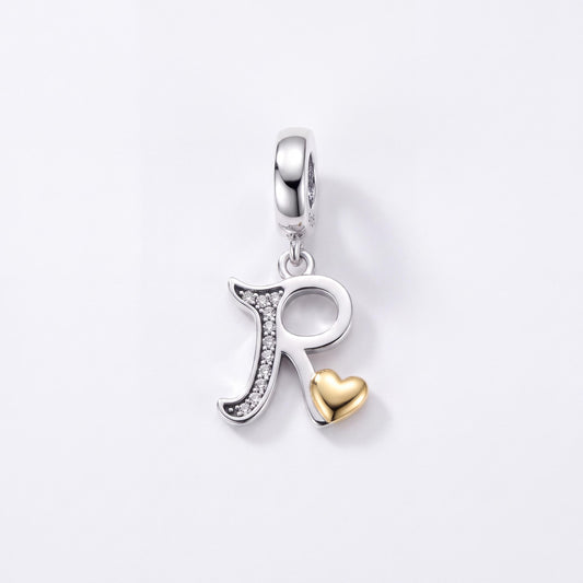 Letter R Heart Charm in 925 sterling silver with sparkling stones, fits European-style charm bracelets