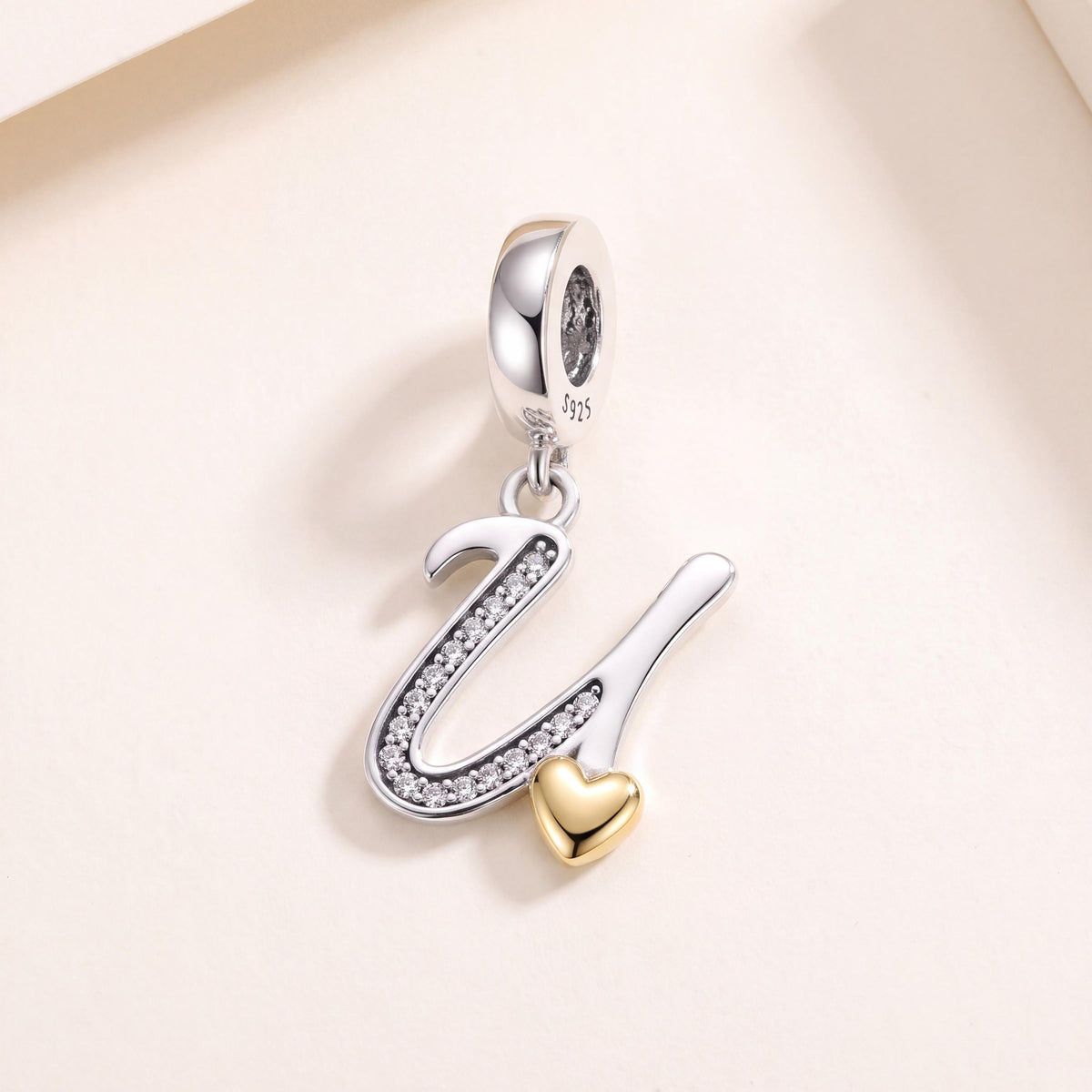 Letter U Dangle Charm in 925 sterling silver with sparkling stones, fits European-style charm bracelets