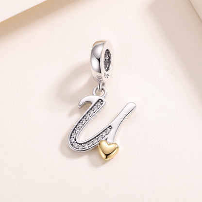 Letter U Dangle Charm in 925 sterling silver with sparkling stones, fits European-style charm bracelets