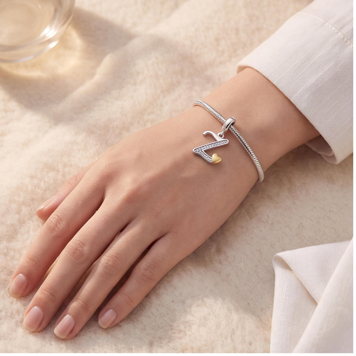 Letter Z Initial Dangle worn on a charm bracelet
