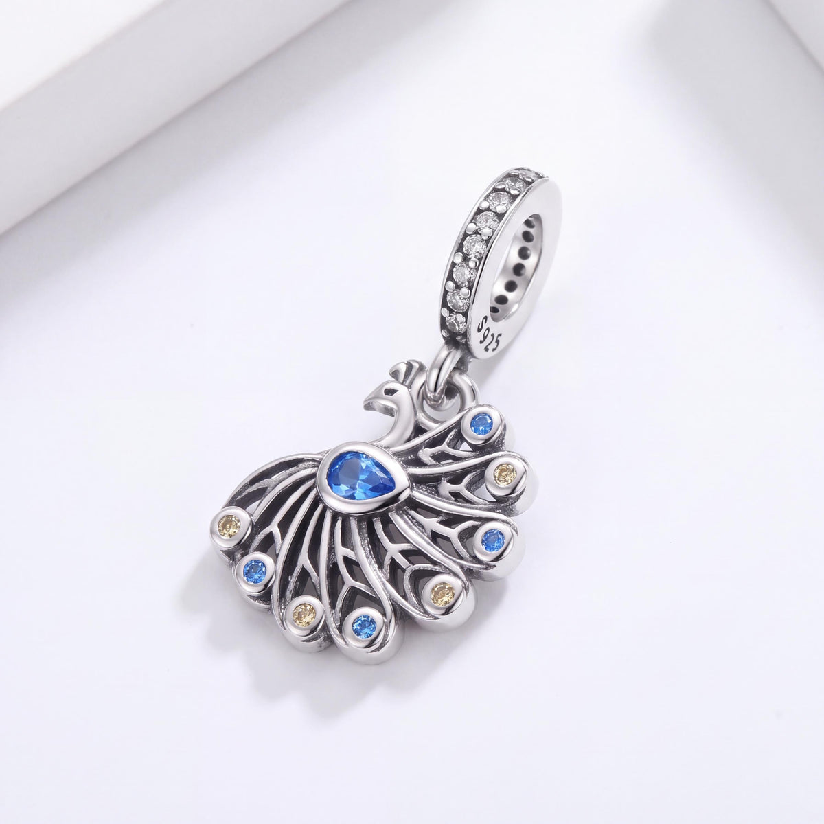Peacock Dangle Charm in 925 sterling silver with sparkling stones, fits European-style charm bracelets