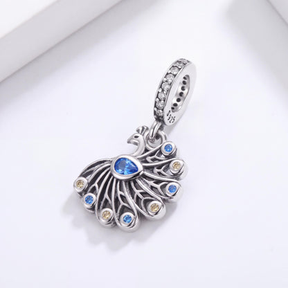 Peacock Dangle Charm in 925 sterling silver with sparkling stones, fits European-style charm bracelets