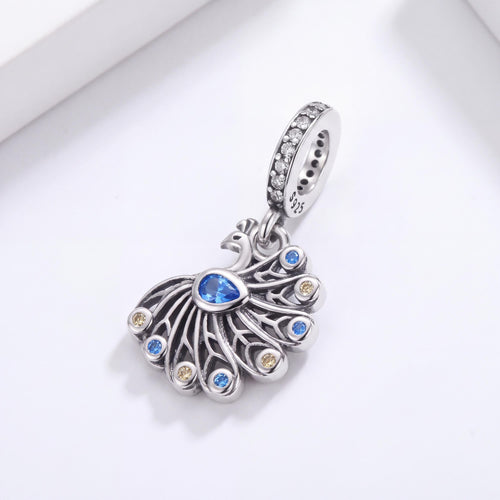Peacock Dangle Charm in 925 sterling silver with sparkling stones, fits European-style charm bracelets
