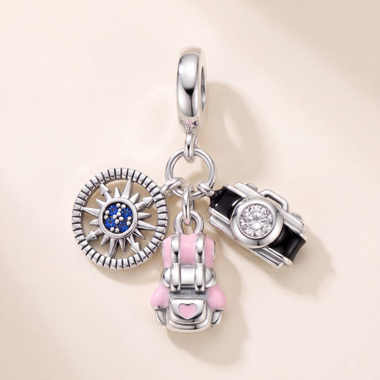 Camera Backpack Compass Charm in 925 sterling silver with blue and pink enamel and sparkling stones