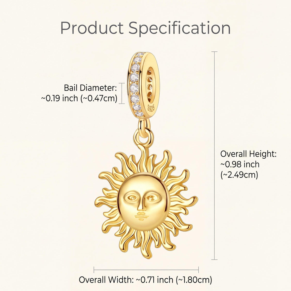Sun Face Dangle Charm size and details