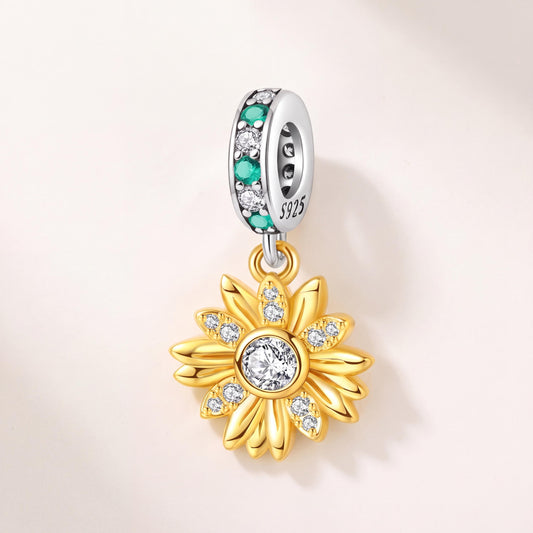 Sparkling Golden Sunflower Dangle in 925 sterling silver with sparkling stones, fits European-style charm bracelets