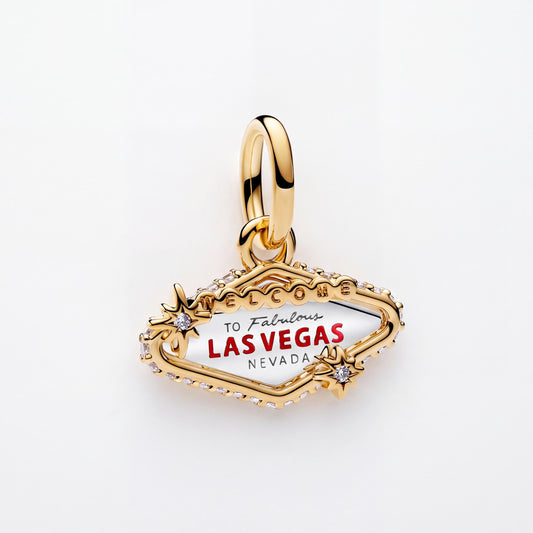 Las Vegas Sign Charm in 925 sterling silver with gold and white enamel and sparkling stones