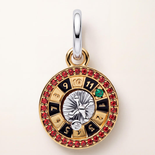 Roulette Wheel Charm in 925 sterling silver with gold and red enamel and sparkling stones