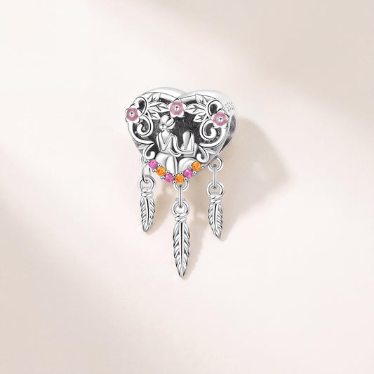 Dreamcatcher Heart Dangle Charm in 925 sterling silver with pink enamel and sparkling stones