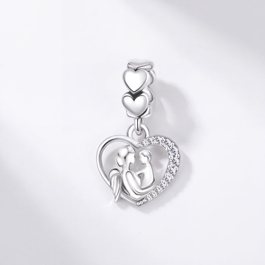 Mother Baby Heart Dangle in 925 sterling silver with sparkling stones, fits European-style charm bracelets