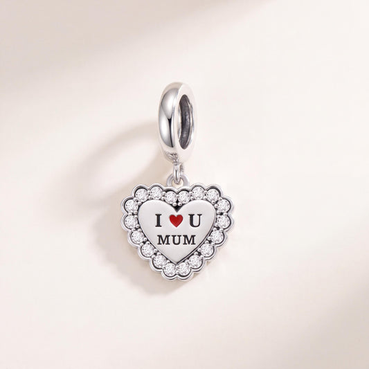 Love Mum Heart Dangle in 925 sterling silver with white enamel and sparkling stones, fits European-style charm bracelets