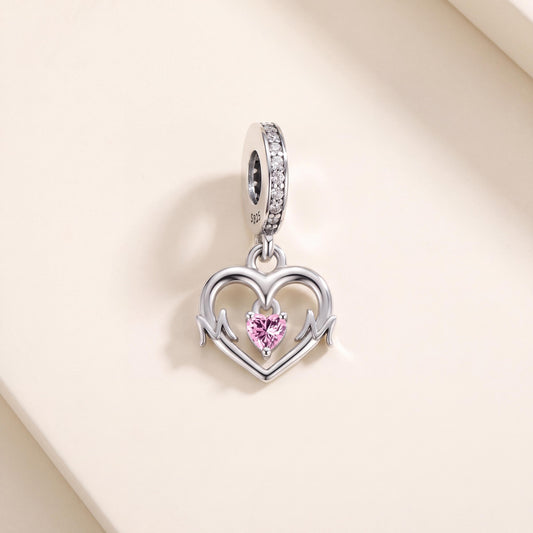 Pink Heartbeat Dangle Charm in 925 sterling silver with sparkling stones, fits European-style charm bracelets