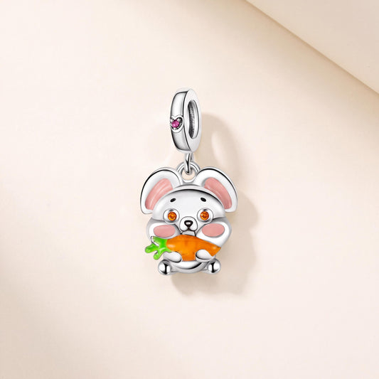 Rabbit Carrot Charm in 925 sterling silver with pink and orange enamel and sparkling stones