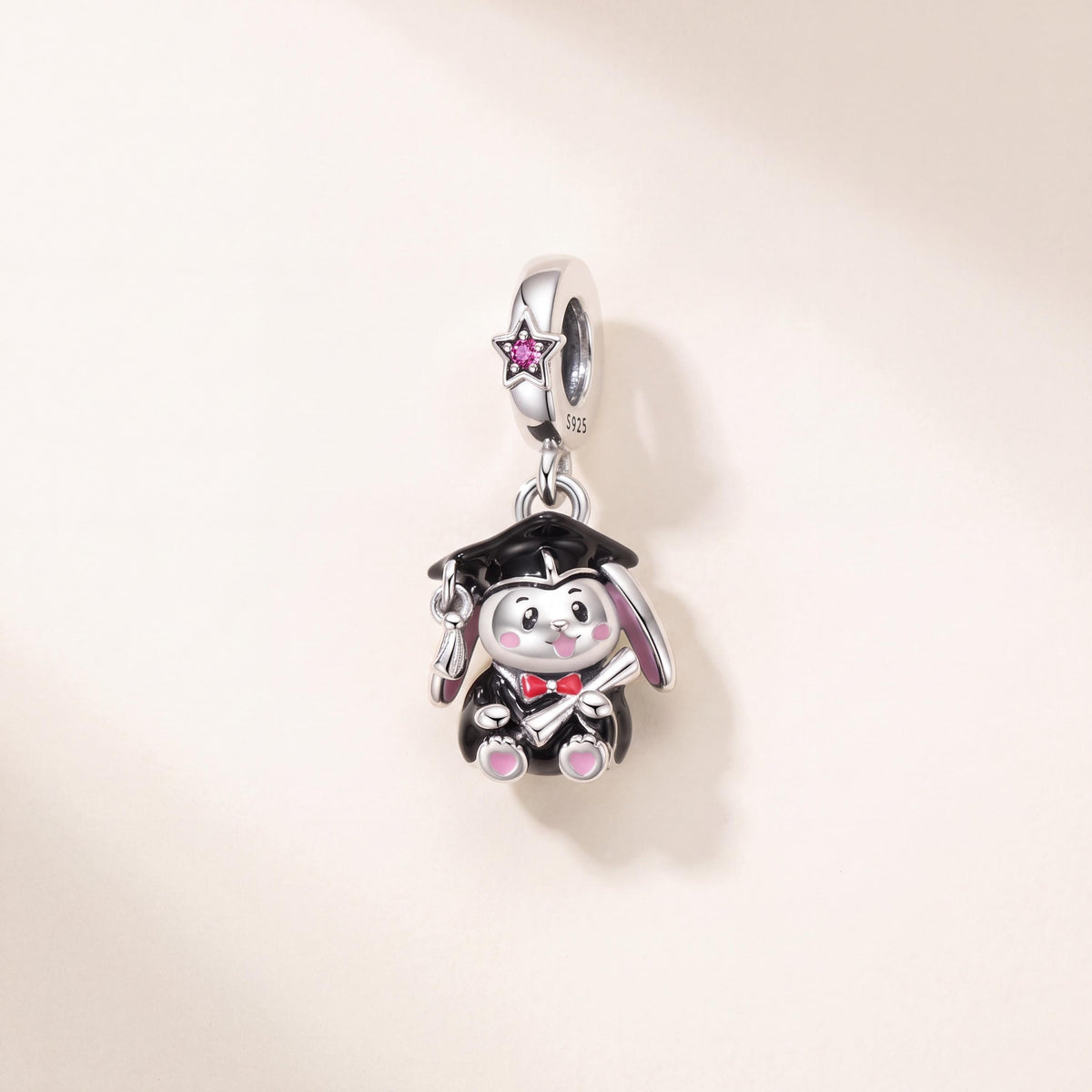 Graduation Bunny Dangle in 925 sterling silver with pink and black enamel and sparkling stones