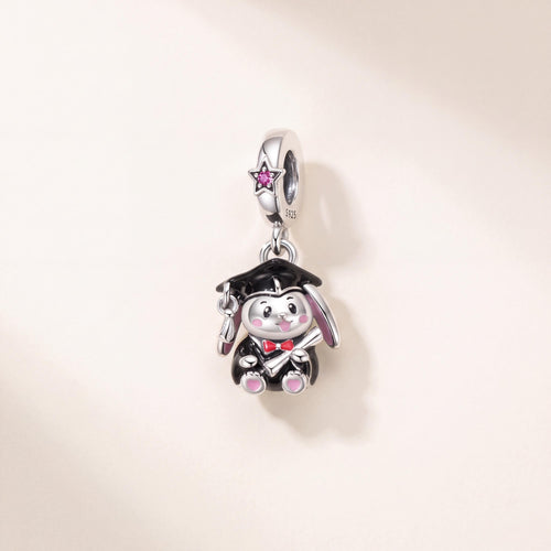 Graduation Bunny Dangle in 925 sterling silver with pink and black enamel and sparkling stones