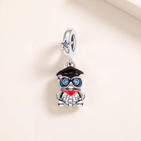 Graduation Owl Charm in 925 sterling silver with black and blue enamel and sparkling stones