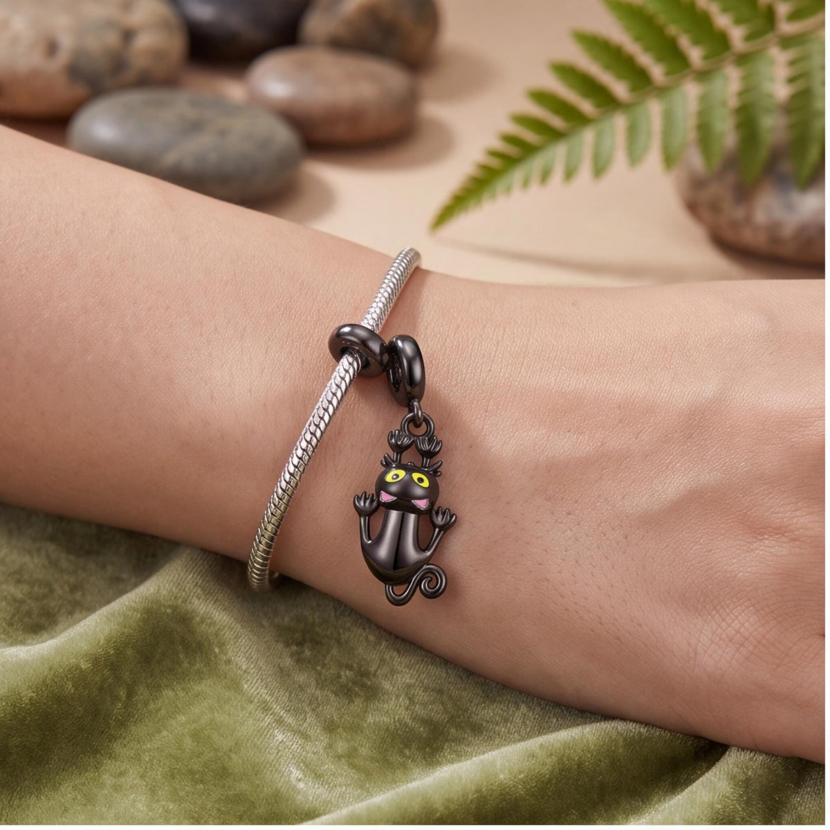Black Cat Dangle Charm worn on a charm bracelet