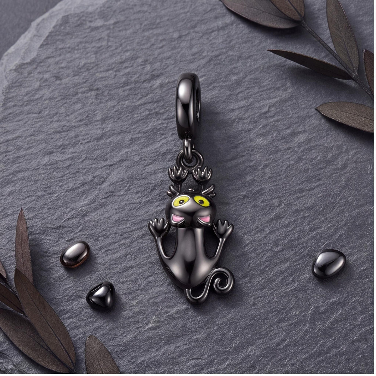Black Cat Dangle Charm close-up on a bracelet