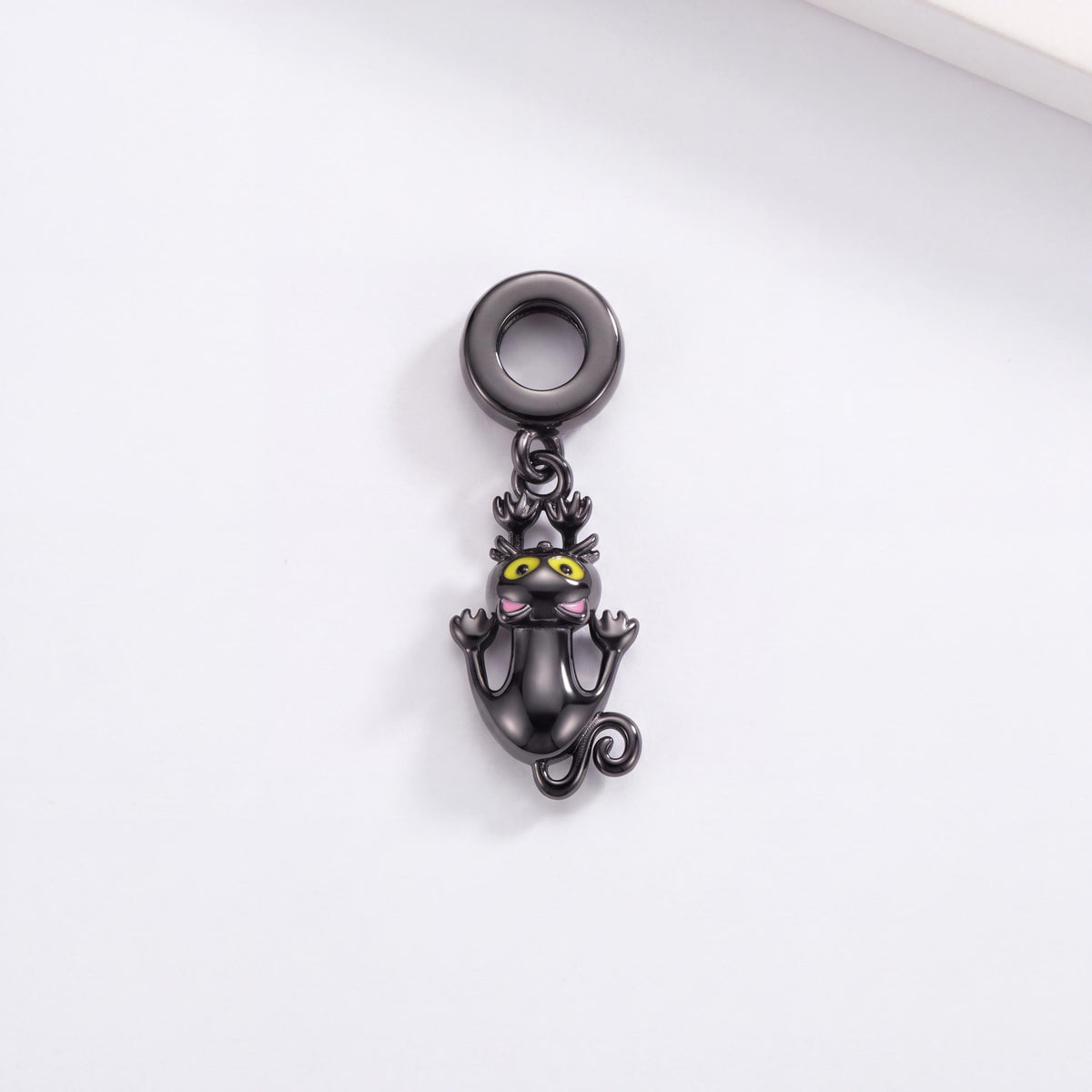 Black Cat Dangle Charm in 925 sterling silver with black and green enamel and sparkling stones