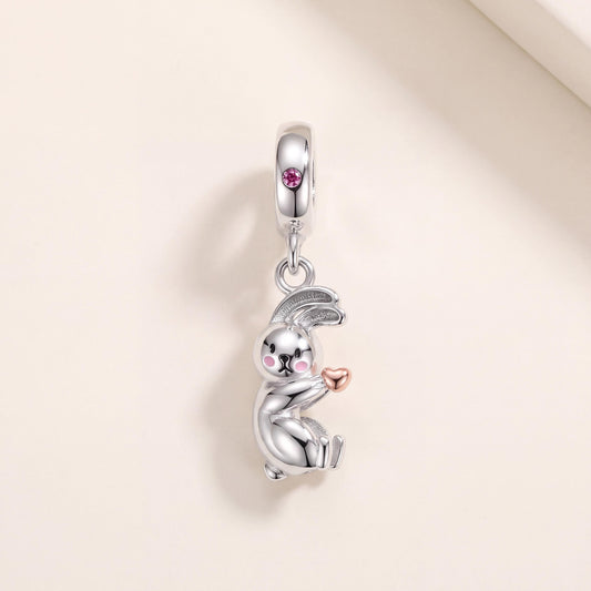 Bunny Rabbit Dangle in 925 sterling silver with pink and rose gold enamel and sparkling stones