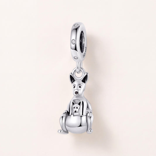 Kangaroo and Joey Charm in 925 sterling silver with black enamel and sparkling stones, fits European-style charm bracelets