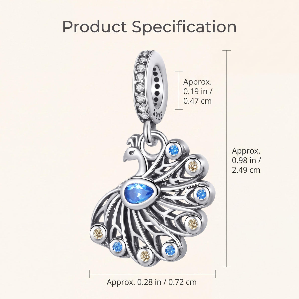 Peacock Dangle Charm size and details