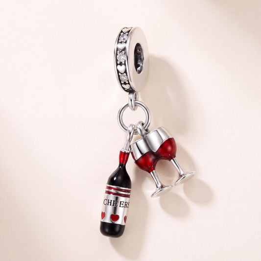Wine Bottle Dangle in 925 sterling silver with red and black enamel and sparkling stones, fits European-style charm bracelets