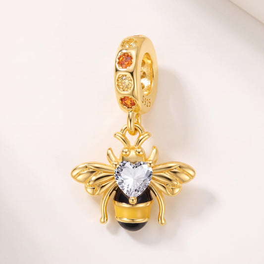 Honeybee Dangle Charm in 925 sterling silver with gold and black enamel and sparkling stones