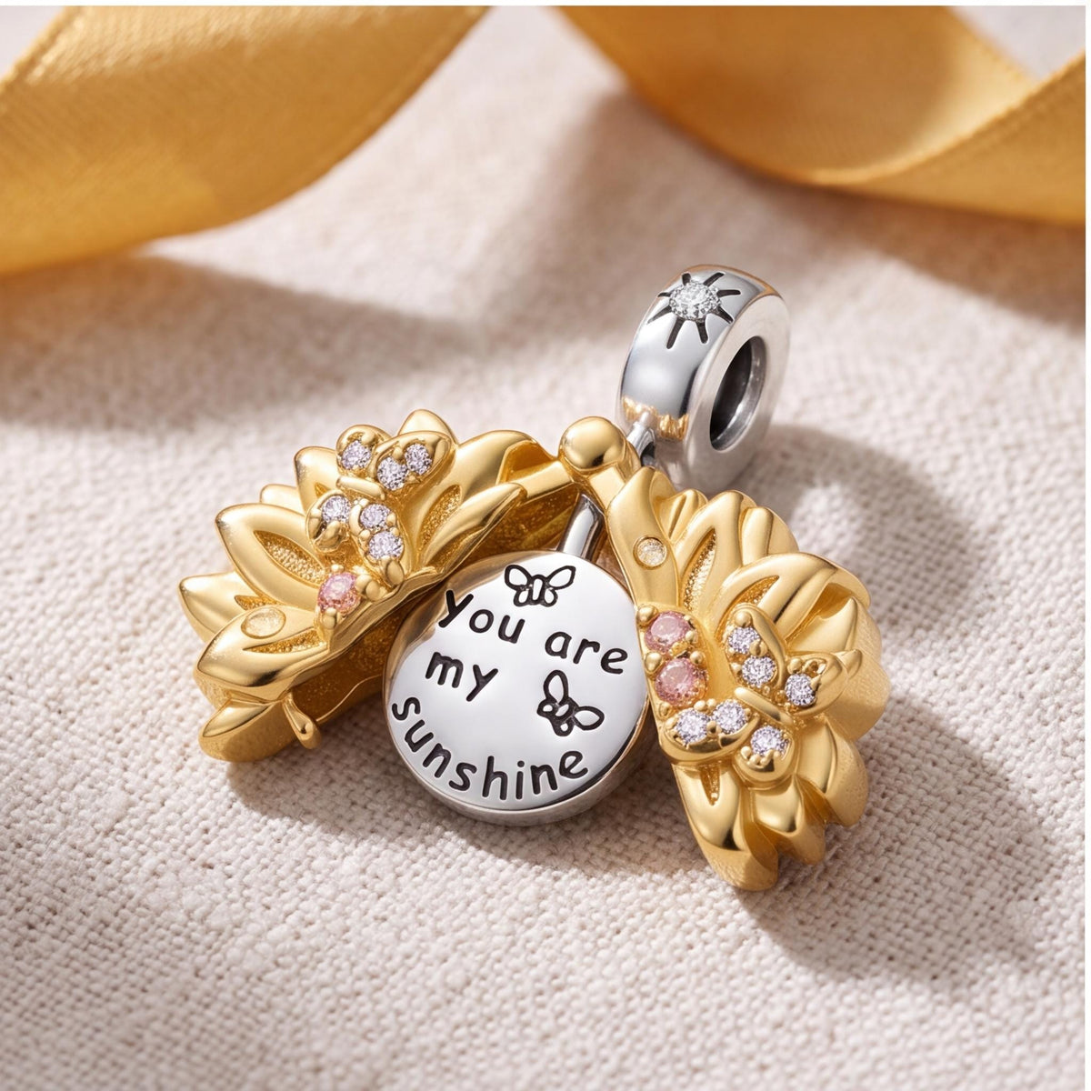 Sunflower Sunshine Dangle Charm on a silver charm bracelet