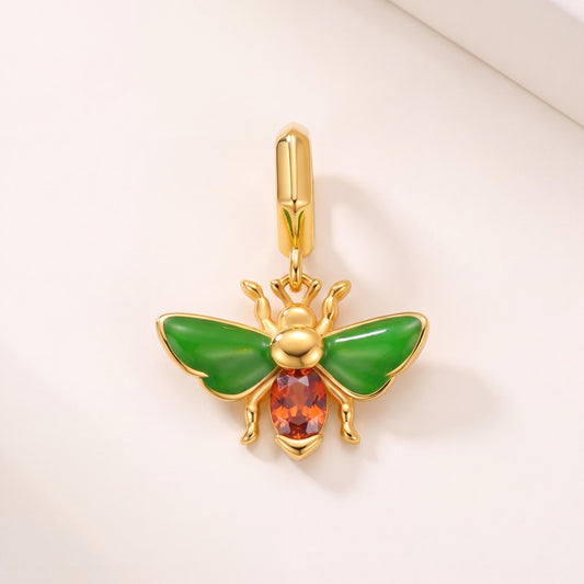 Green Wing Bee Charm in 925 sterling silver with gold and green enamel and sparkling stones