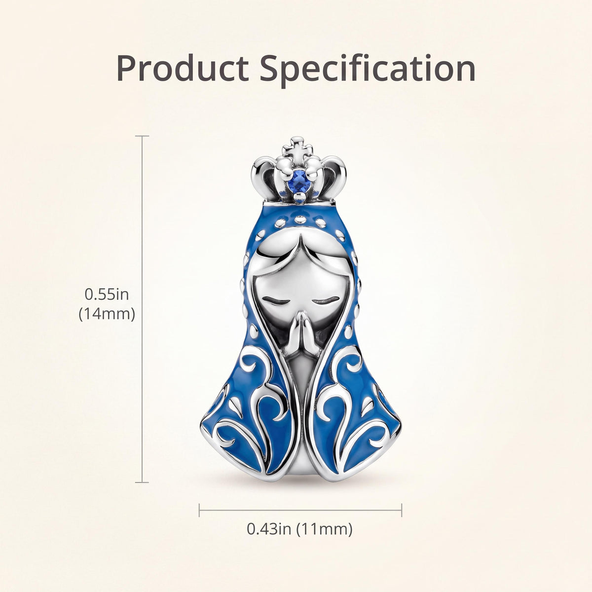 Blue Praying Virgin Mary Charm size and details