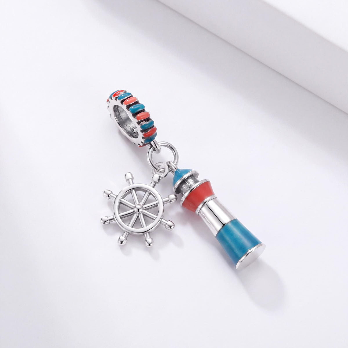 Lighthouse Ship Wheel Dangle in 925 sterling silver with red and blue enamel, fits European-style charm bracelets