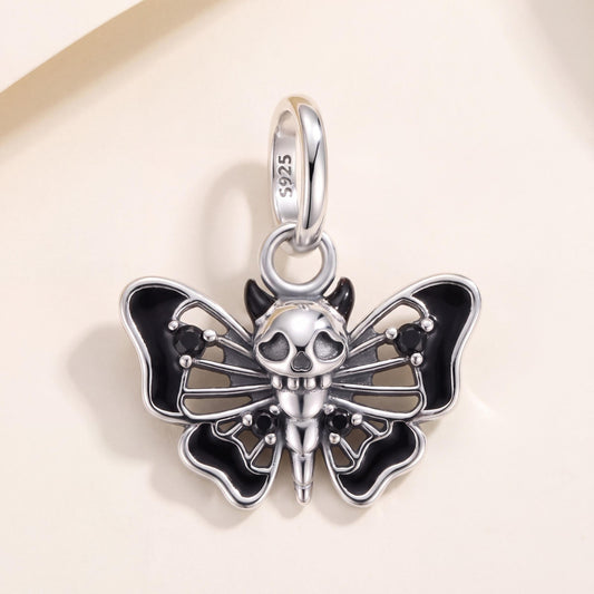 Death Moth Charm in 925 sterling silver with black enamel and sparkling stones, fits European-style charm bracelets