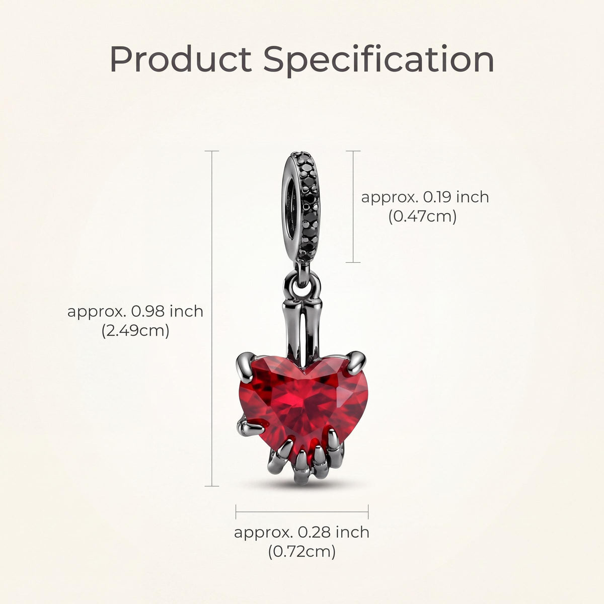 Skeleton Hand Heart Dangle size and details