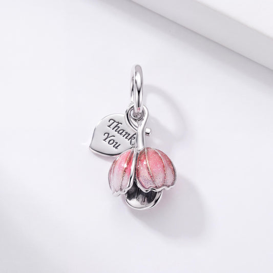 Thank You Flower Charm in 925 sterling silver with pink enamel, fits European-style charm bracelets