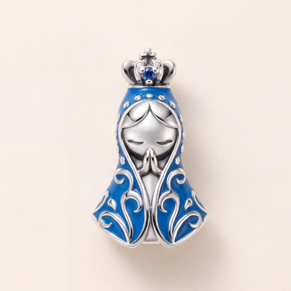 Blue Praying Virgin Mary Charm in 925 sterling silver with blue enamel and sparkling stones