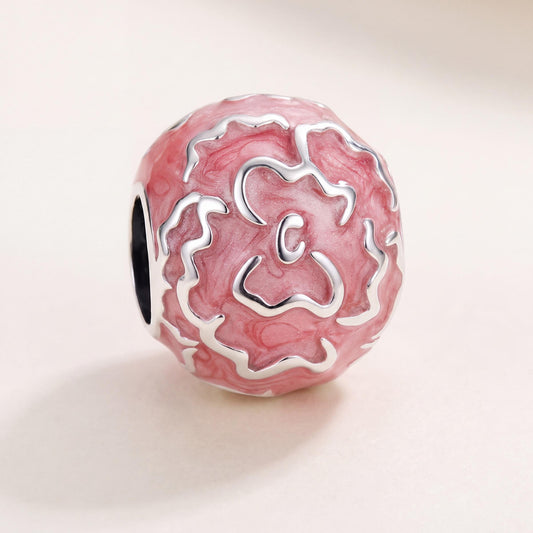 Pink Rose Bead in 925 sterling silver with pink enamel, fits European-style charm bracelets