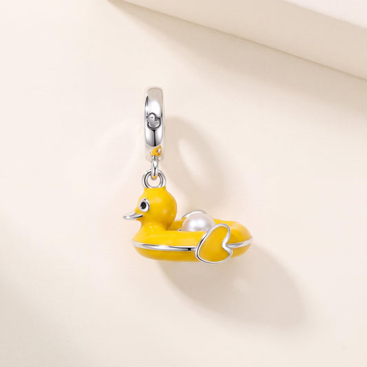 Duck Swim Ring Dangle in 925 sterling silver with yellow and white enamel, fits European-style charm bracelets