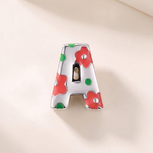 Floral Letter A Charm in 925 sterling silver with pink and green enamel, fits European-style charm bracelets