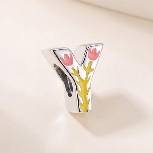 Floral Letter Y Charm in 925 sterling silver with pink and green enamel, fits European-style charm bracelets