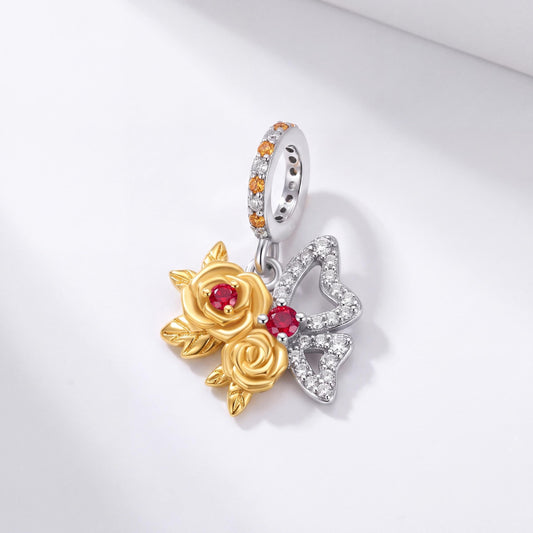 Rose Bouquet Bow Charm in 925 sterling silver with sparkling stones, fits European-style charm bracelets